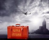 Red Vintage Suitcase With Backdrop Of City Skyline / 100532