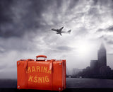 Red Vintage Suitcase With Backdrop Of City Skyline / 100532